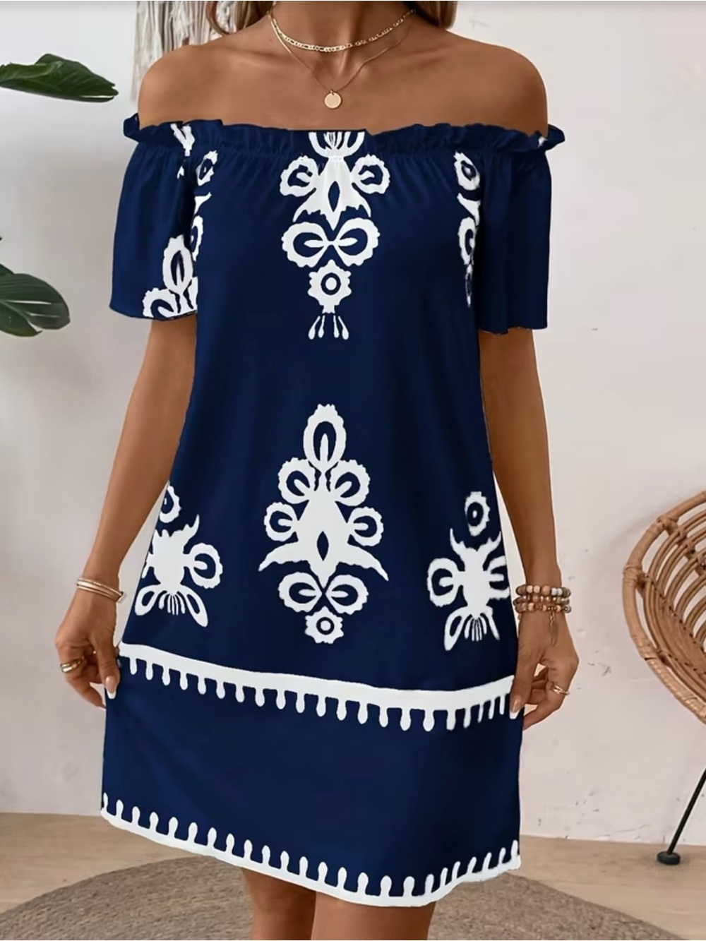 Off-Shoulder Navy Blue Embroidered Sundress